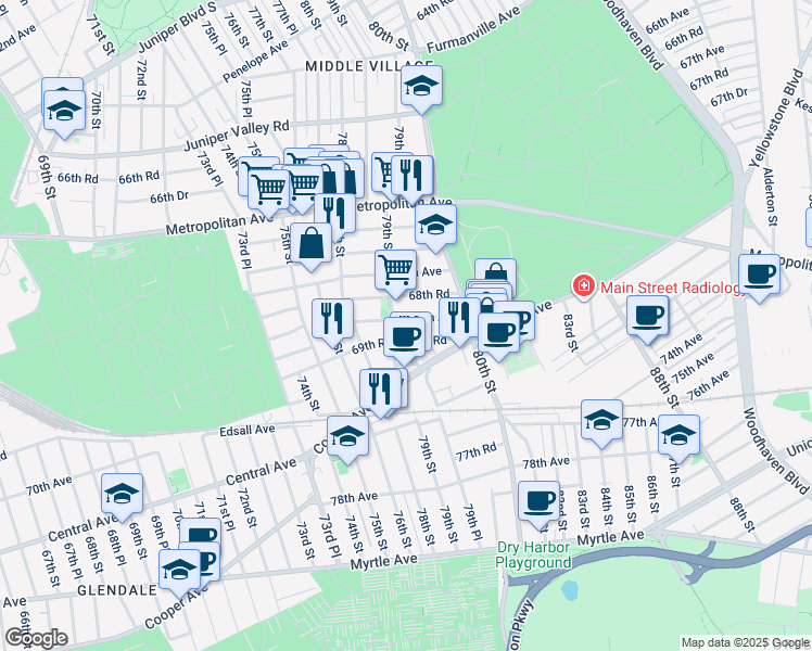 map of restaurants, bars, coffee shops, grocery stores, and more near 78-38 68th Road in Queens