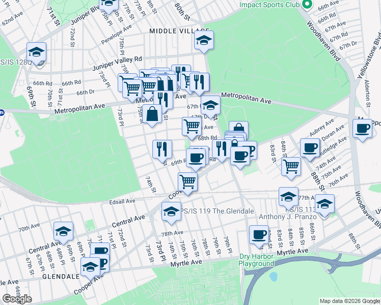 map of restaurants, bars, coffee shops, grocery stores, and more near 78-38 68th Road in Queens