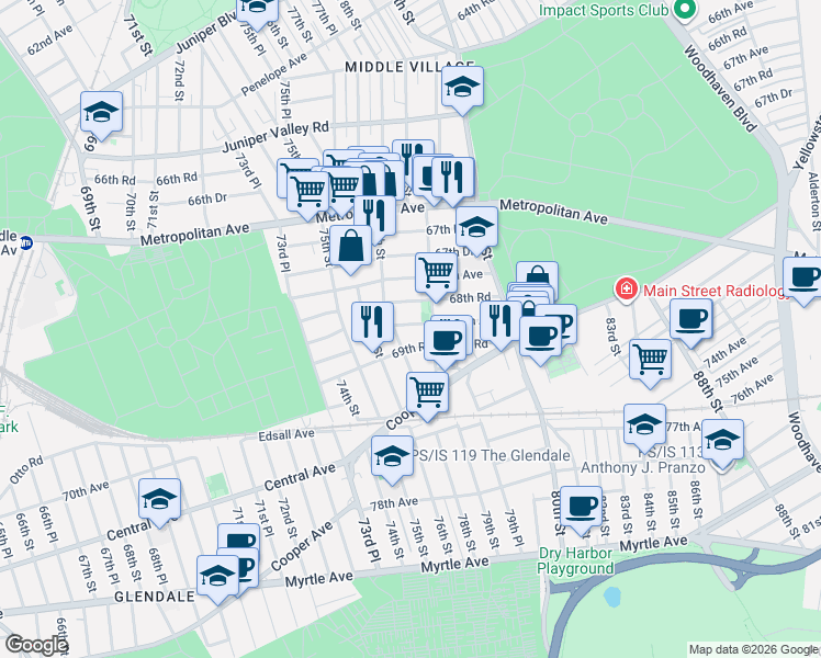 map of restaurants, bars, coffee shops, grocery stores, and more near 78-38 68th Road in Queens