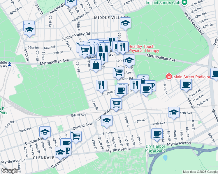 map of restaurants, bars, coffee shops, grocery stores, and more near 68-39 78th Street in Queens