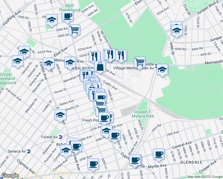 map of restaurants, bars, coffee shops, grocery stores, and more near 6401 Traffic Avenue in Queens