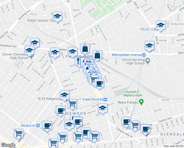 map of restaurants, bars, coffee shops, grocery stores, and more near 64-13 Fresh Pond Road in Queens