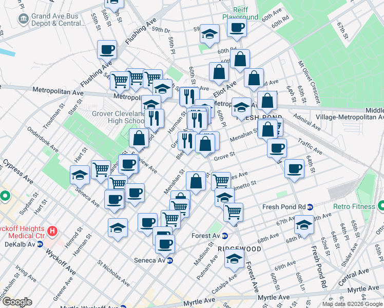 map of restaurants, bars, coffee shops, grocery stores, and more near in Queens