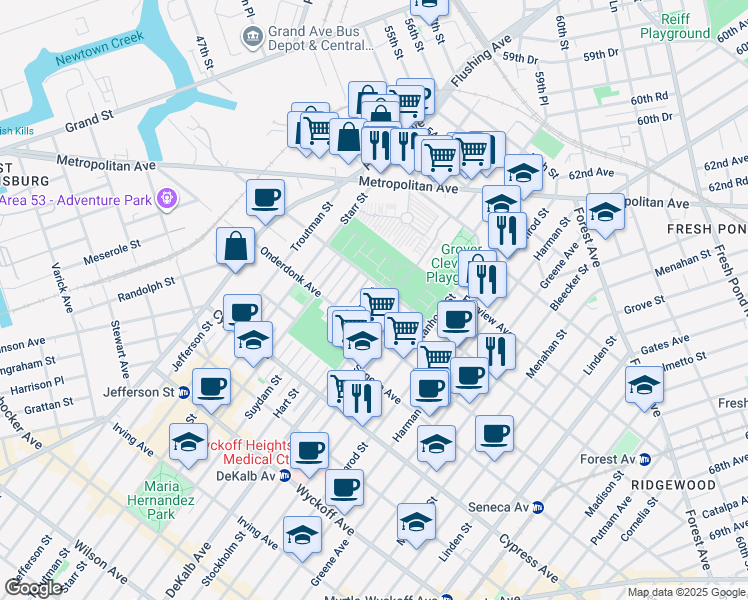 map of restaurants, bars, coffee shops, grocery stores, and more near 314G Woodward Avenue in Queens