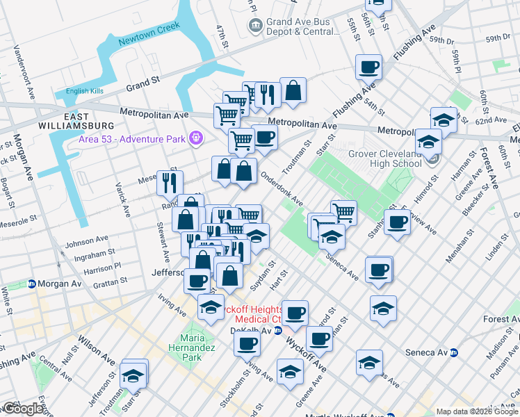 map of restaurants, bars, coffee shops, grocery stores, and more near 17-17 Troutman Street in Queens