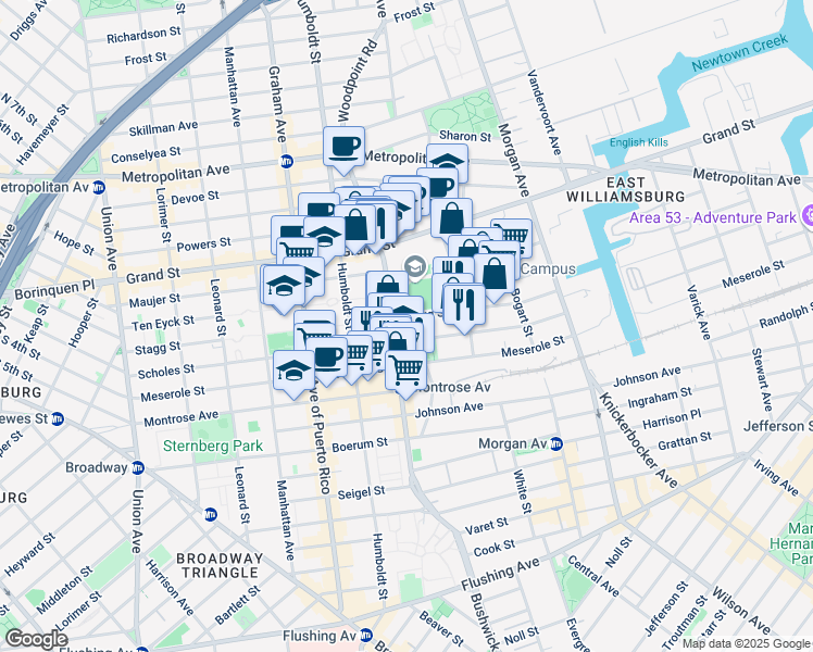 map of restaurants, bars, coffee shops, grocery stores, and more near 242 Stagg Street in Brooklyn