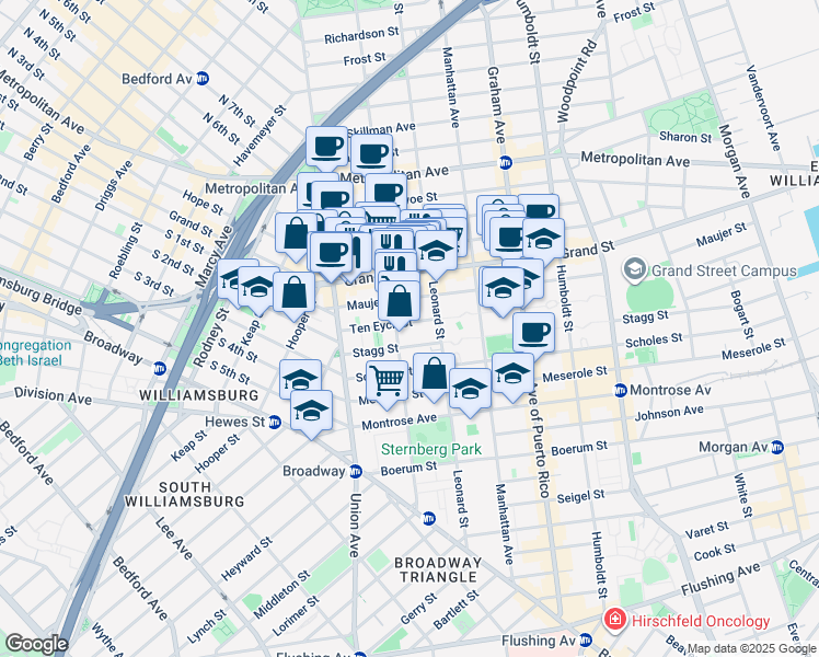 map of restaurants, bars, coffee shops, grocery stores, and more near 49 Ten Eyck Street in Brooklyn