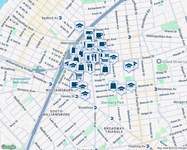map of restaurants, bars, coffee shops, grocery stores, and more near 20 Maujer Street in Brooklyn