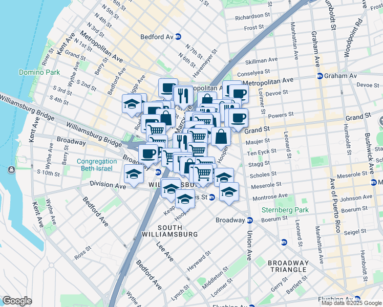 map of restaurants, bars, coffee shops, grocery stores, and more near 325 South 3rd Street in Brooklyn