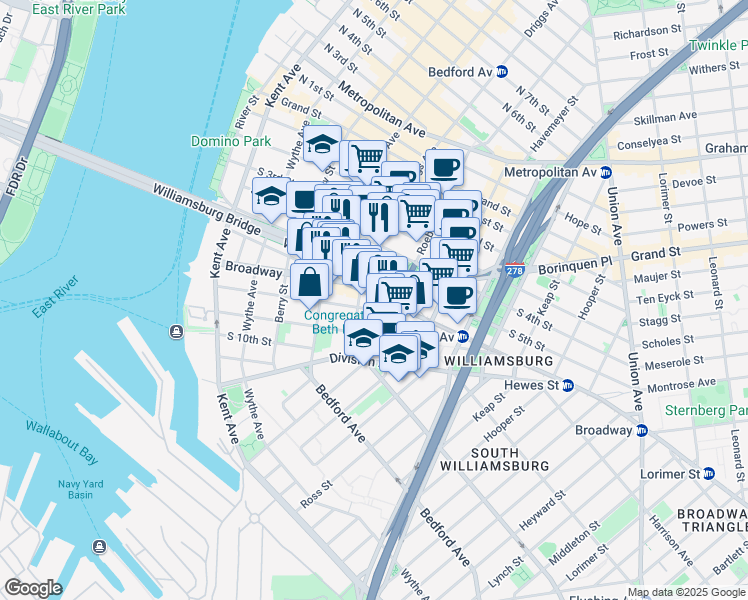 map of restaurants, bars, coffee shops, grocery stores, and more near 185 Broadway in Brooklyn