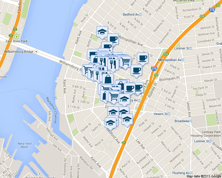 map of restaurants, bars, coffee shops, grocery stores, and more near 185 Broadway in Brooklyn