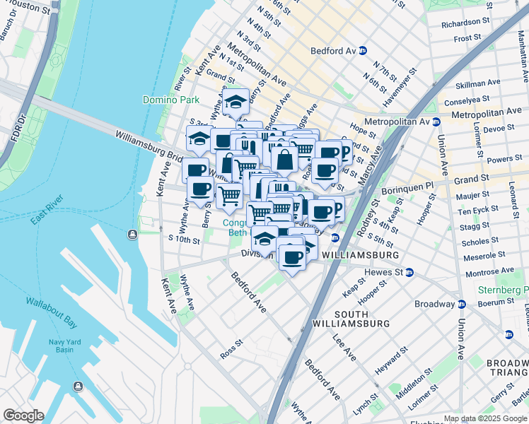 map of restaurants, bars, coffee shops, grocery stores, and more near 185 Broadway in Brooklyn