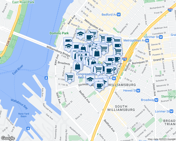 map of restaurants, bars, coffee shops, grocery stores, and more near 185 Broadway in Brooklyn