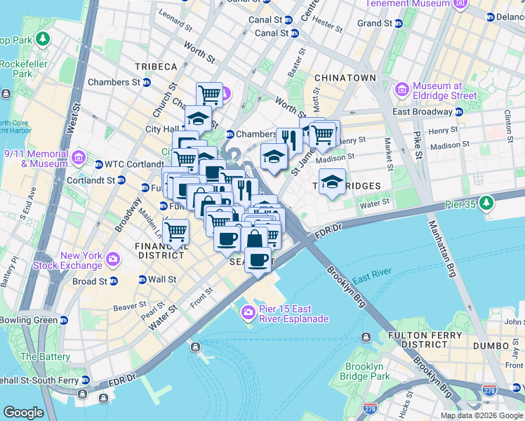 map of restaurants, bars, coffee shops, grocery stores, and more near 100 Gold Street in New York