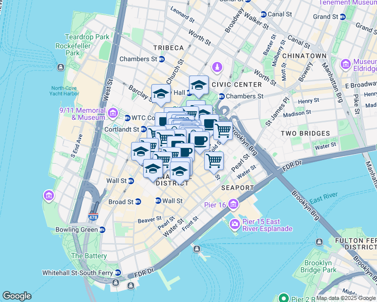 map of restaurants, bars, coffee shops, grocery stores, and more near 119 Fulton Street in New York
