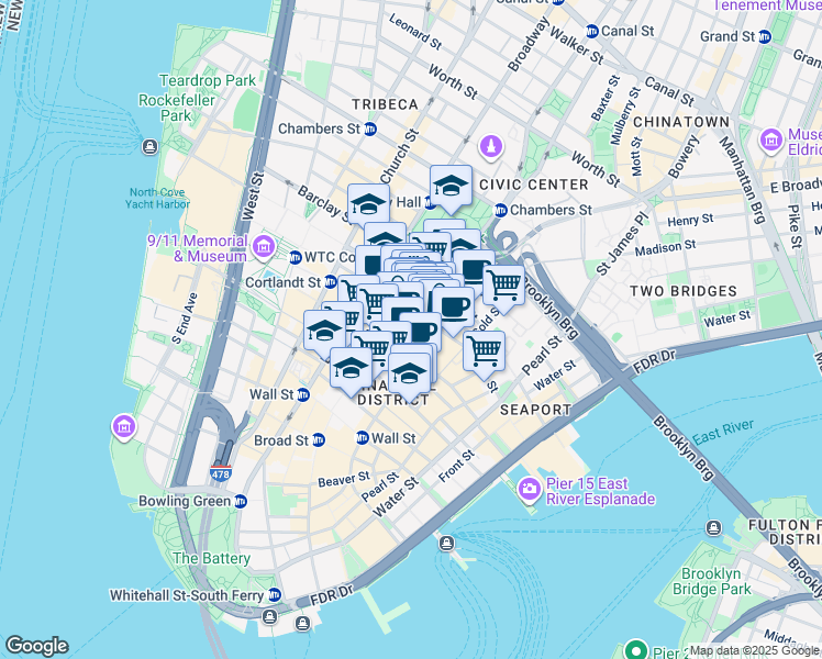 map of restaurants, bars, coffee shops, grocery stores, and more near 119 Fulton Street in New York