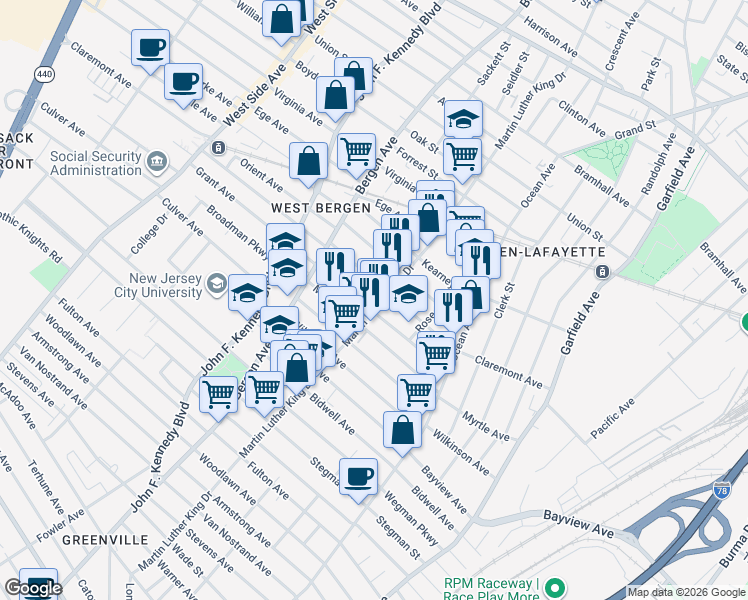map of restaurants, bars, coffee shops, grocery stores, and more near 165 Claremont Avenue in Jersey City
