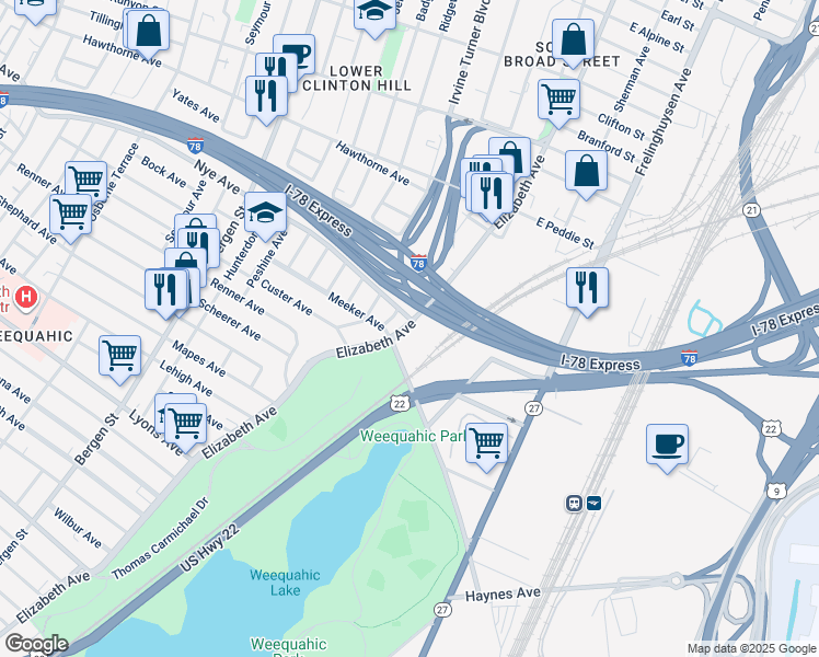 map of restaurants, bars, coffee shops, grocery stores, and more near in Newark