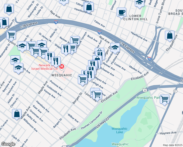 map of restaurants, bars, coffee shops, grocery stores, and more near 123 Mapes Avenue in Newark
