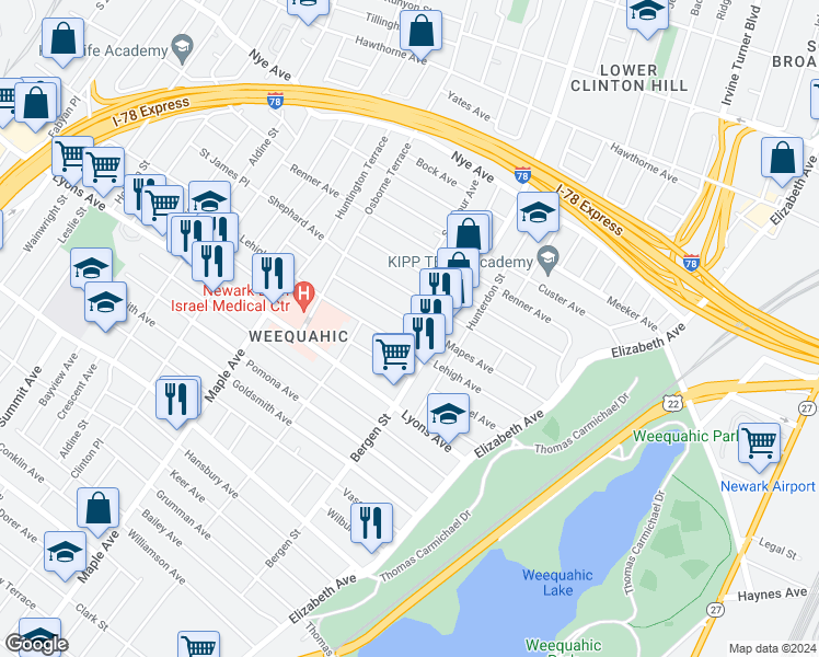 map of restaurants, bars, coffee shops, grocery stores, and more near 123 Mapes Avenue in Newark