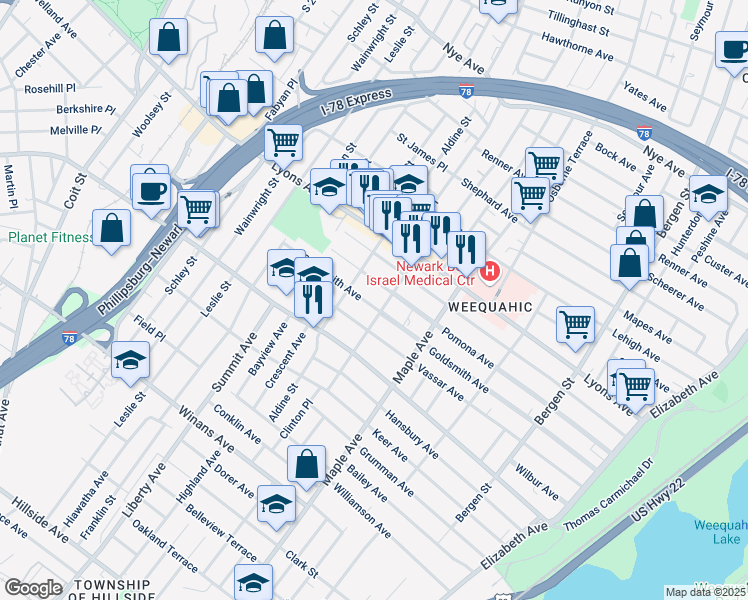 map of restaurants, bars, coffee shops, grocery stores, and more near 241 Pomona Avenue in Newark