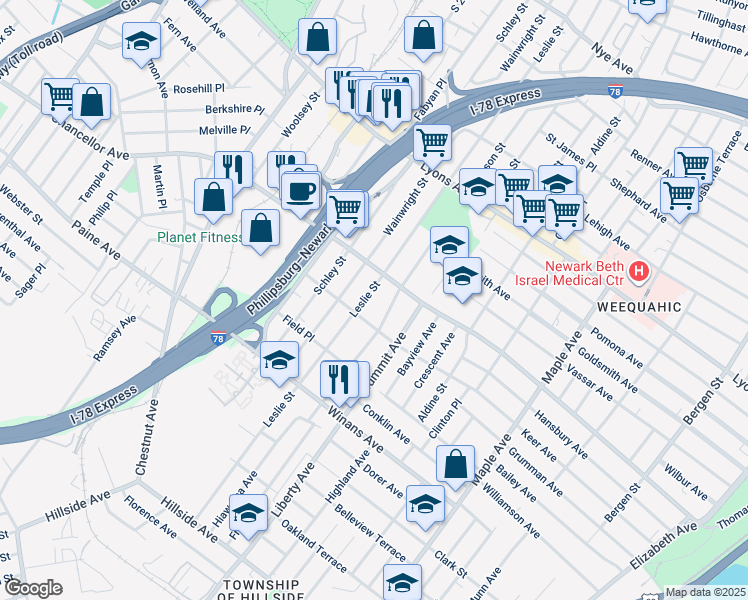 map of restaurants, bars, coffee shops, grocery stores, and more near 324 Wainwright Street in Newark
