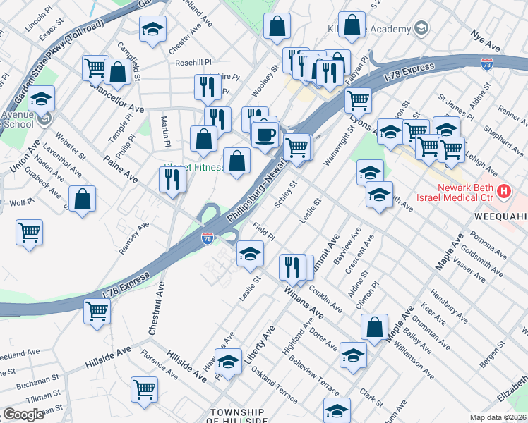map of restaurants, bars, coffee shops, grocery stores, and more near 36 Fabyan Place in Irvington