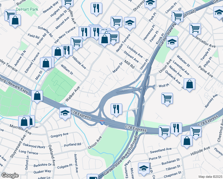 map of restaurants, bars, coffee shops, grocery stores, and more near 1852 Manor Drive in Union