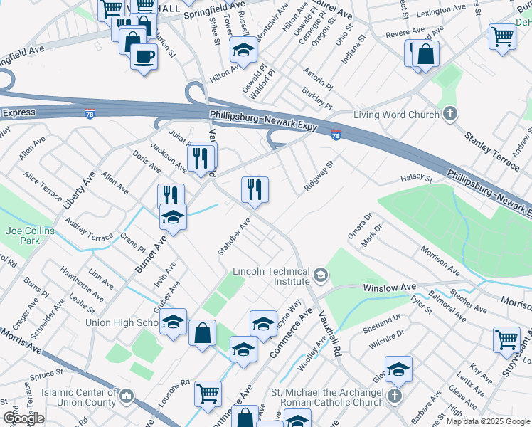 map of restaurants, bars, coffee shops, grocery stores, and more near 2443 Vauxhall Road in Union