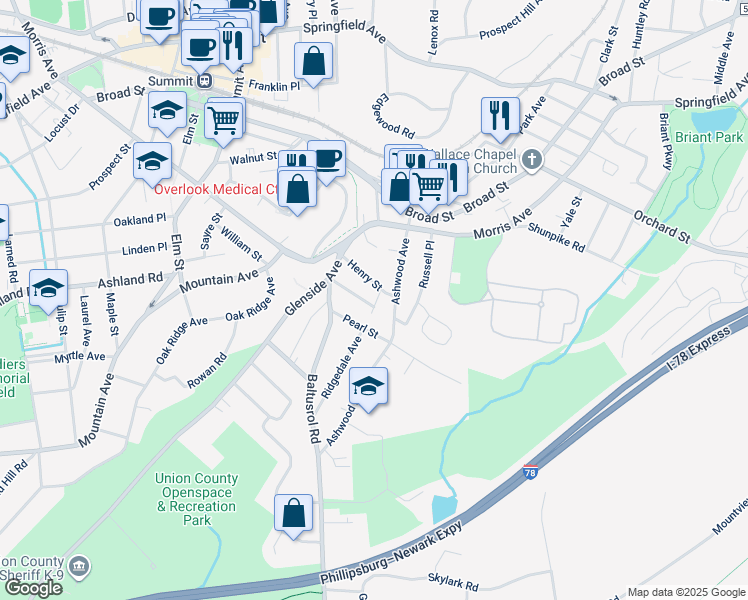 map of restaurants, bars, coffee shops, grocery stores, and more near 9 Henry Street in Summit