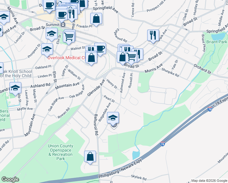 map of restaurants, bars, coffee shops, grocery stores, and more near 9 Henry Street in Summit