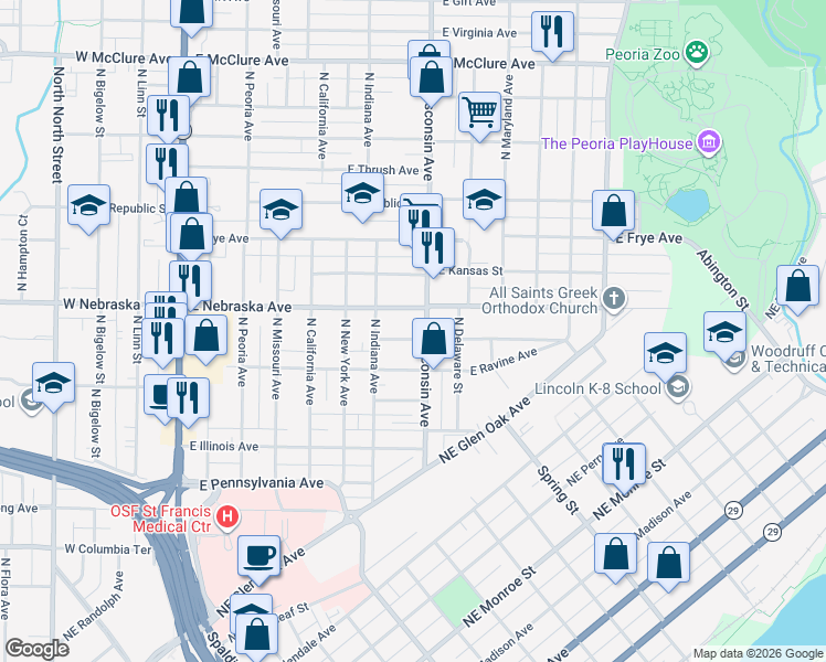 map of restaurants, bars, coffee shops, grocery stores, and more near in Peoria