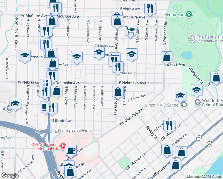 map of restaurants, bars, coffee shops, grocery stores, and more near in Peoria