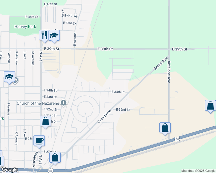 map of restaurants, bars, coffee shops, grocery stores, and more near 1916 East 34th Street in Kearney