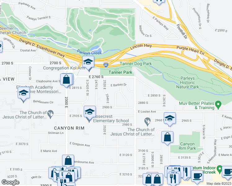 map of restaurants, bars, coffee shops, grocery stores, and more near 2825 Deveraux Way East in Salt Lake City