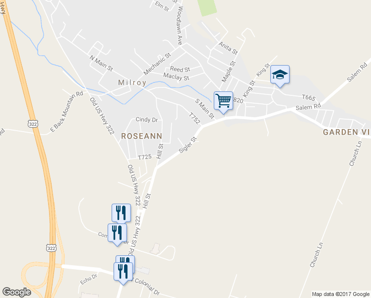 map of restaurants, bars, coffee shops, grocery stores, and more near 220 Sigler Street in Milroy