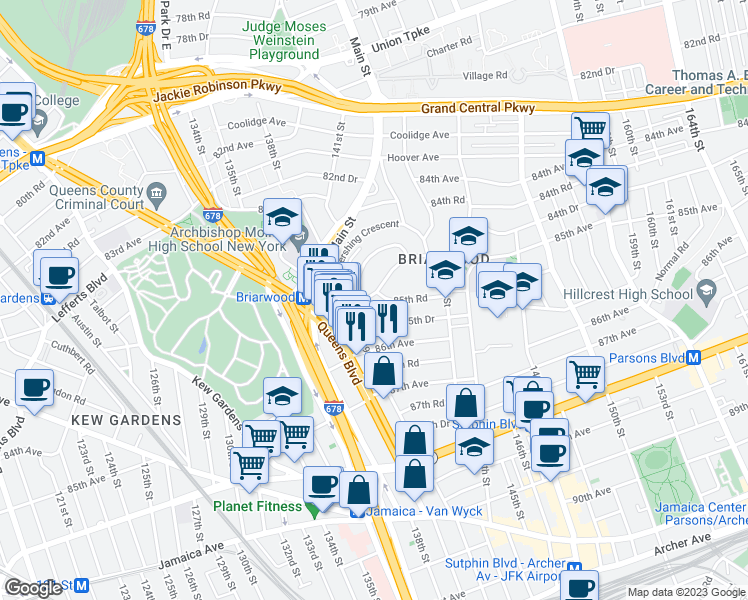 map of restaurants, bars, coffee shops, grocery stores, and more near 140-17 84th Drive in Queens