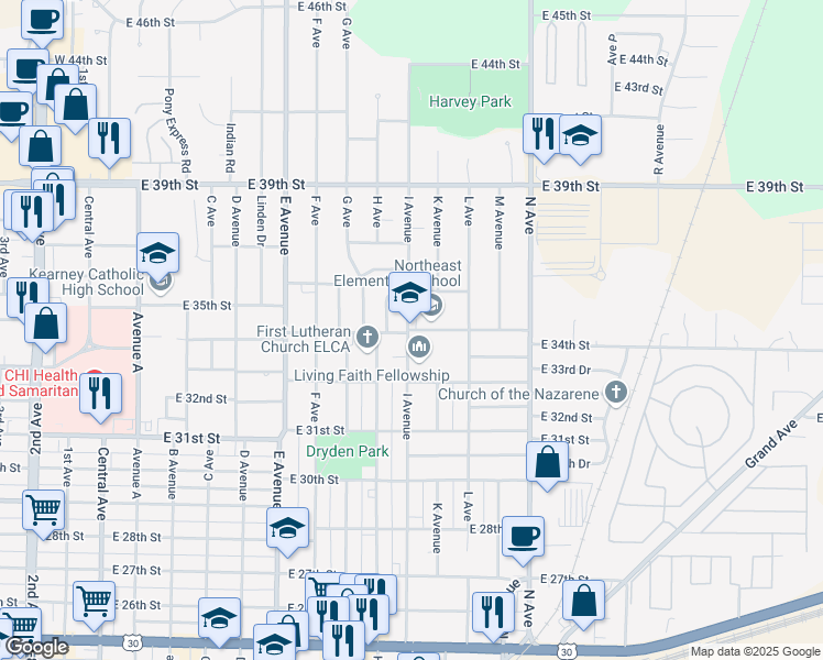 map of restaurants, bars, coffee shops, grocery stores, and more near 910 East 34th Street in Kearney