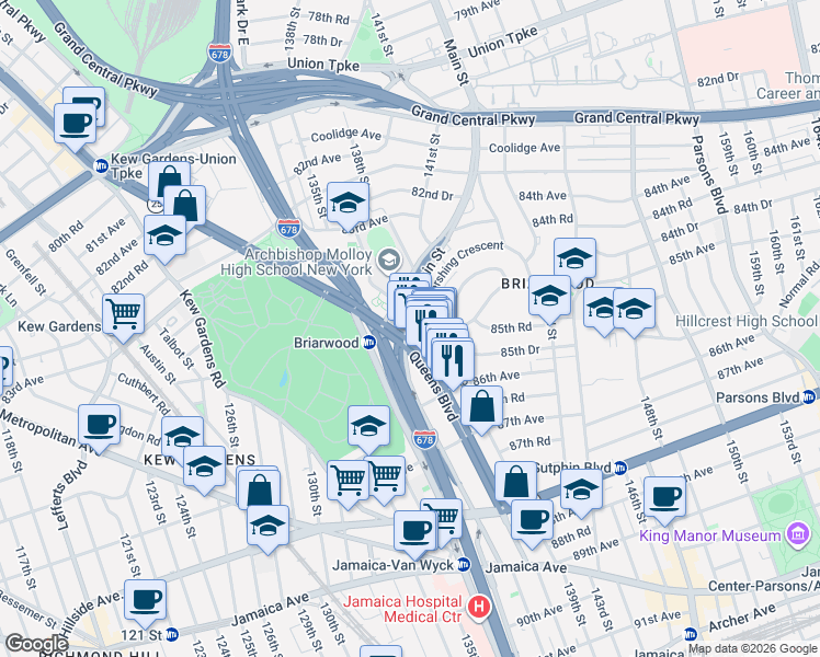 map of restaurants, bars, coffee shops, grocery stores, and more near 85 Main Street in Queens