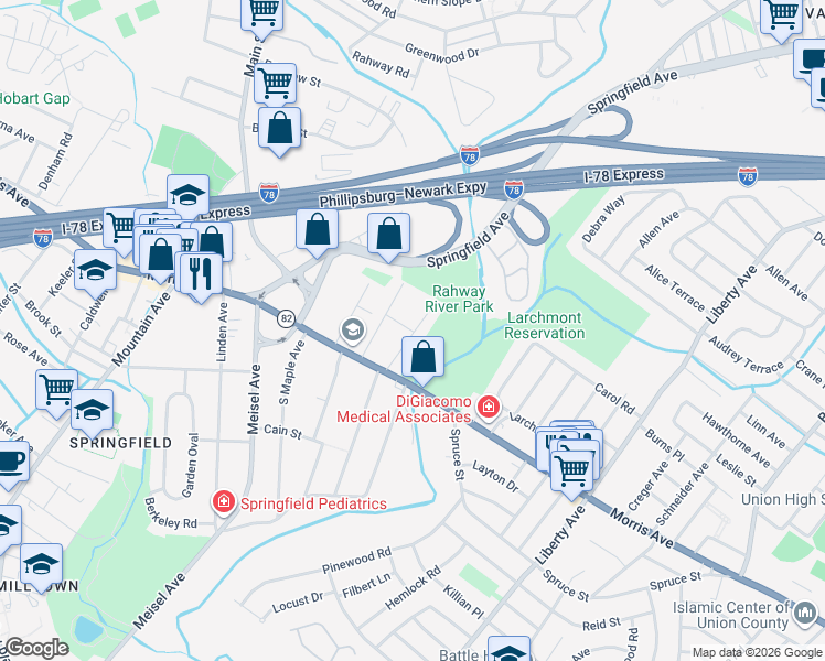map of restaurants, bars, coffee shops, grocery stores, and more near 24 Perry Place in Springfield