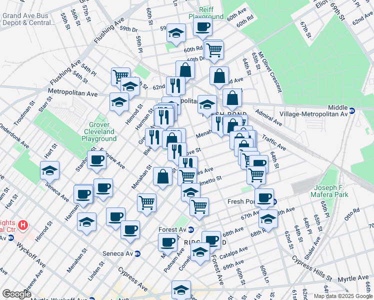 map of restaurants, bars, coffee shops, grocery stores, and more near 59-25 Grove Street in Queens