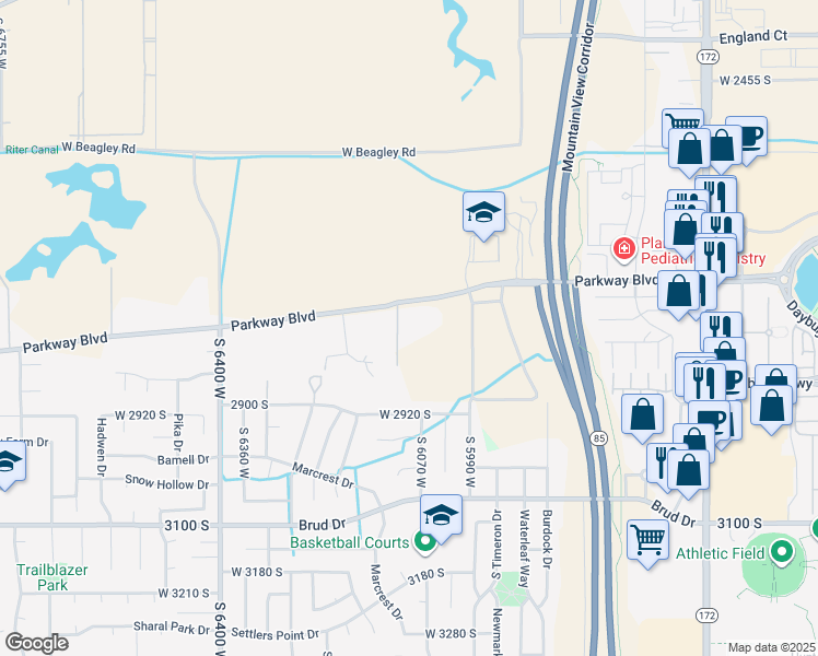 map of restaurants, bars, coffee shops, grocery stores, and more near 6080 West McLaren Lane in West Valley City