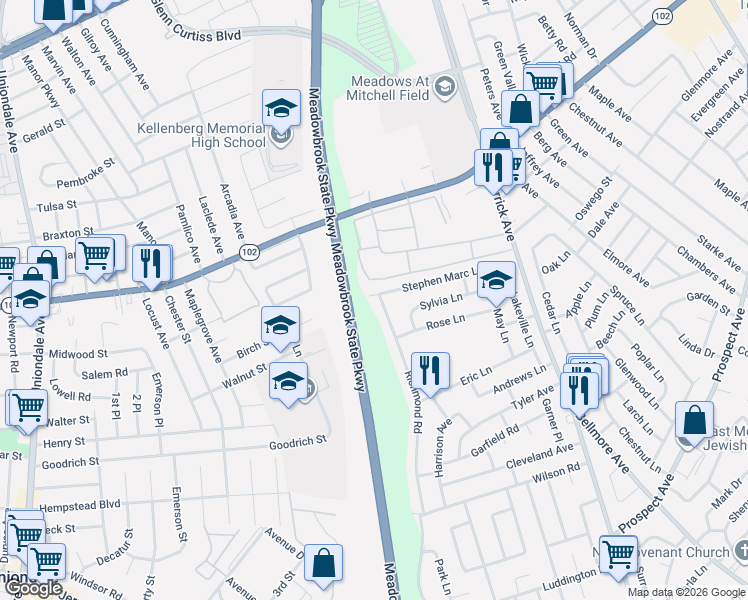 map of restaurants, bars, coffee shops, grocery stores, and more near 1397 Stephen Marc Lane in East Meadow