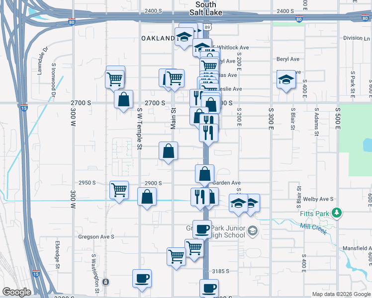 map of restaurants, bars, coffee shops, grocery stores, and more near 42 Sunset Avenue South in South Salt Lake