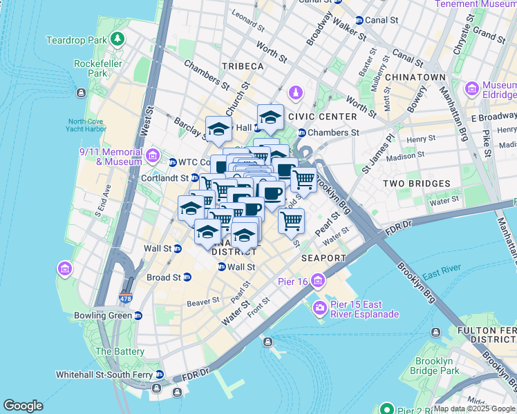 map of restaurants, bars, coffee shops, grocery stores, and more near 119 Fulton Street in New York