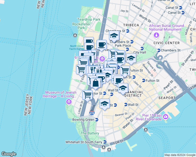 map of restaurants, bars, coffee shops, grocery stores, and more near 134 Washington Street in New York