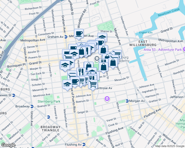 map of restaurants, bars, coffee shops, grocery stores, and more near 242 Stagg Street in Brooklyn