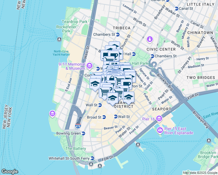 map of restaurants, bars, coffee shops, grocery stores, and more near 165 Broadway in New York