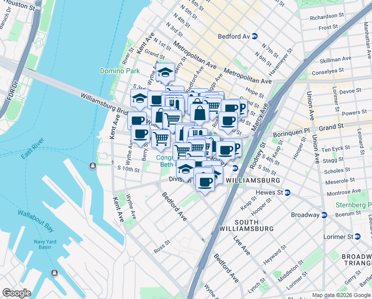 map of restaurants, bars, coffee shops, grocery stores, and more near 185 Broadway in Brooklyn