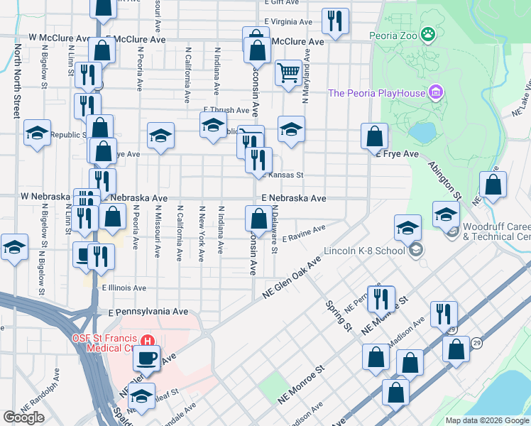 map of restaurants, bars, coffee shops, grocery stores, and more near 900 East Nebraska Avenue in Peoria